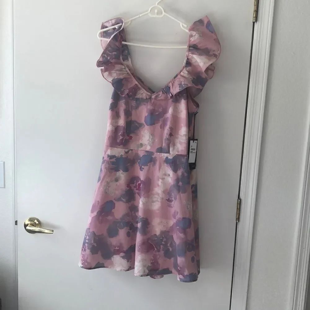 Wildfox Blair Deep V Neck Ruffle Dress Size L NWT Abstract Watercolor